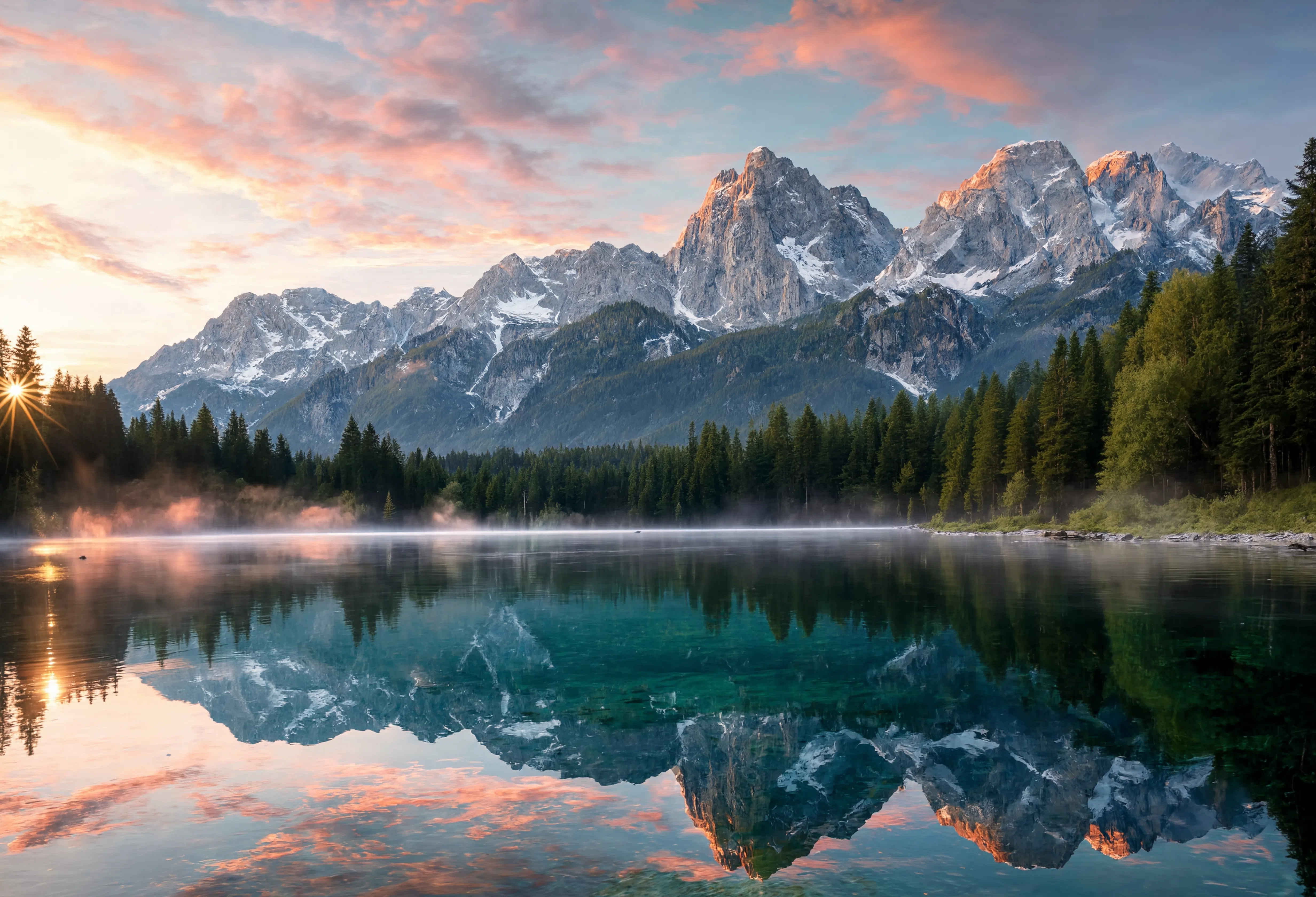 Kristallklares Wasser des Eibsees mit Zugspitze im Hintergrund bei Sonnenaufgang