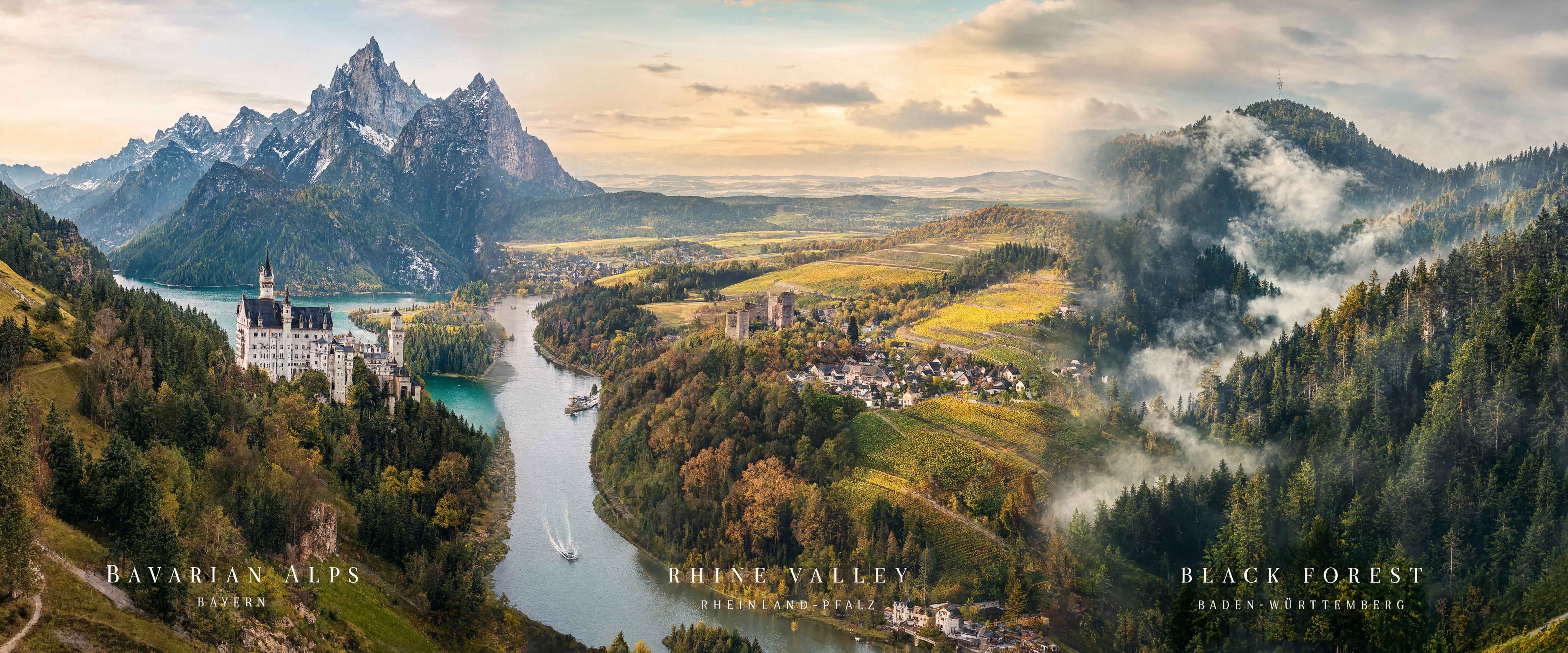 Weite Naturlandschaft Deutschlands mit Gebirge, Flusstal und Waldgebiet aus der Vogelperspektive